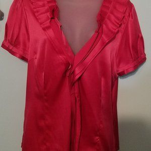 BCBG Dark Pink Satin Fancy Ruffled Short Sleeved Blouse  Sz L